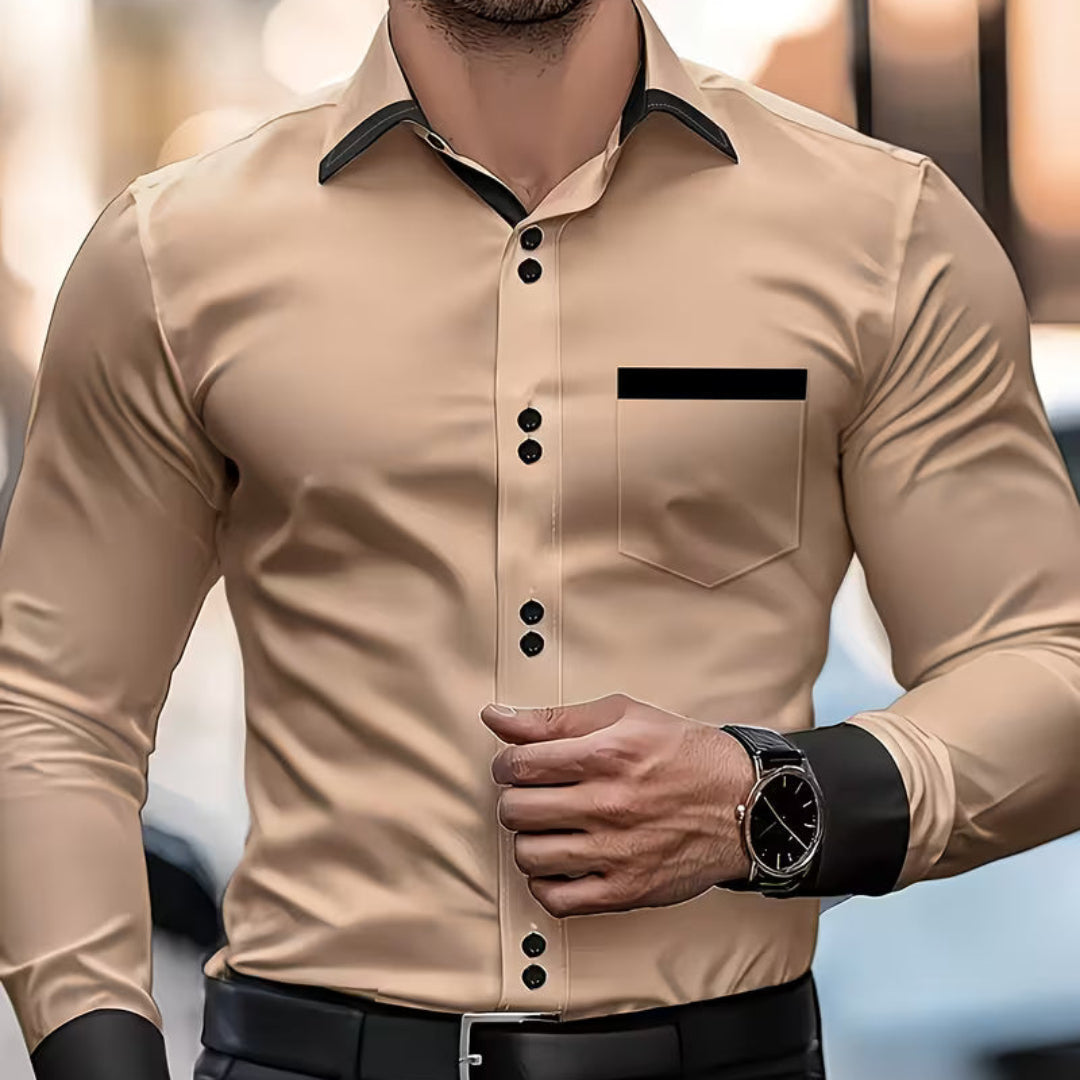Elegant Contrast Trim Button Up Shirt for Women with Point Collar Long Sleeve Chest Pocket Relaxed Style