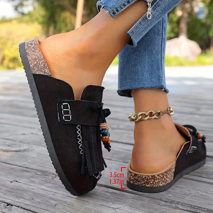 Stylish Mules for Women with Fringe Tassel Beaded Suede Slip On Moccasin Style