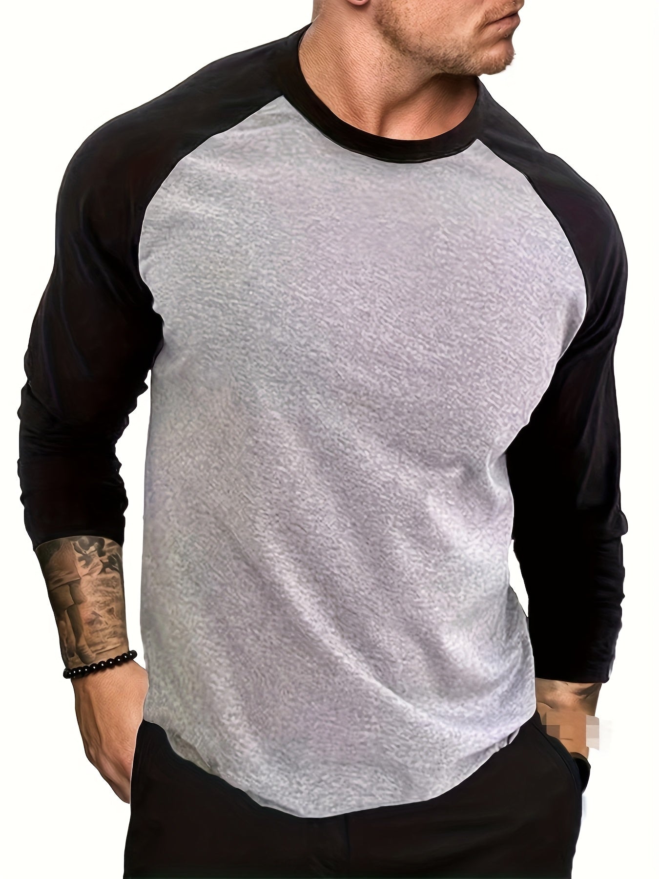 Effortless Black and Grey Colorblock Raglan Shirt for Women with Crew Neck Long Sleeve Relaxed Casual Style