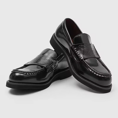 Stylish Black Embossed Leather Loafer for Women with Round Toe Penny Strap Chunky Platform Casual Style