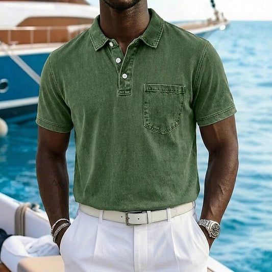 Effortless Washed Cotton Polo Shirt for Women with Collared Short Sleeve Button Placket Chest Pocket Casual Style
