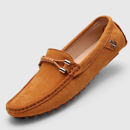 Stylish Suede Driving Loafer for Women with Tassel Knot Detail Pebbled Rubber Sole Casual Style