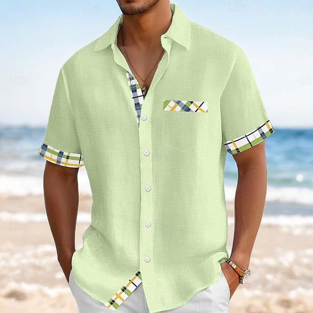 Effortless Plaid Trim Button Up Shirt for Women with Collar Short Sleeve Chest Pocket Casual Style
