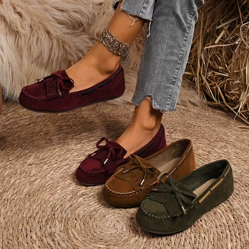 Comfortable House Shoes for Women with Fringe Bow Suede Moccasin Slip On Style