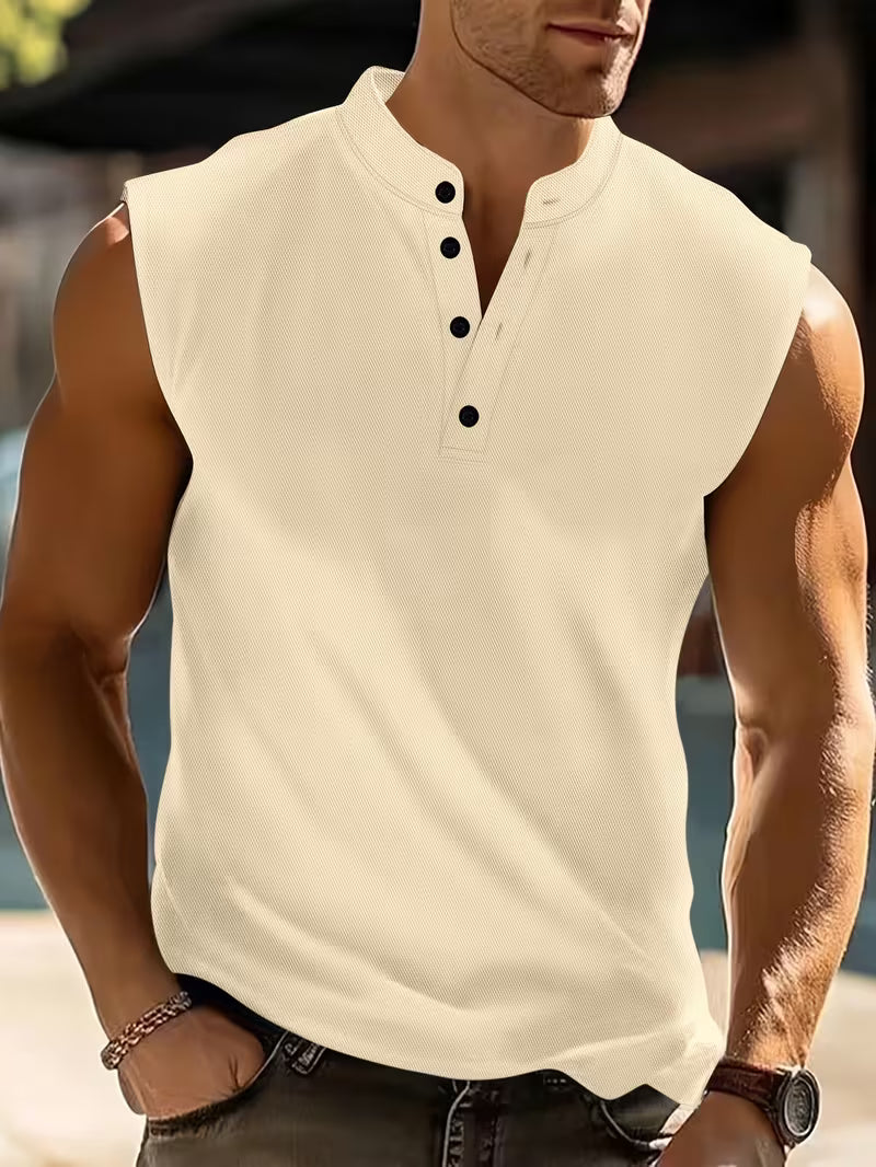 Effortless Ribbed Knit Henley Tank Top for Women with Stand Collar Sleeveless Button Placket Casual Style