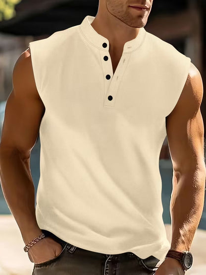 Effortless Ribbed Knit Henley Tank Top for Women with Stand Collar Sleeveless Button Placket Casual Style