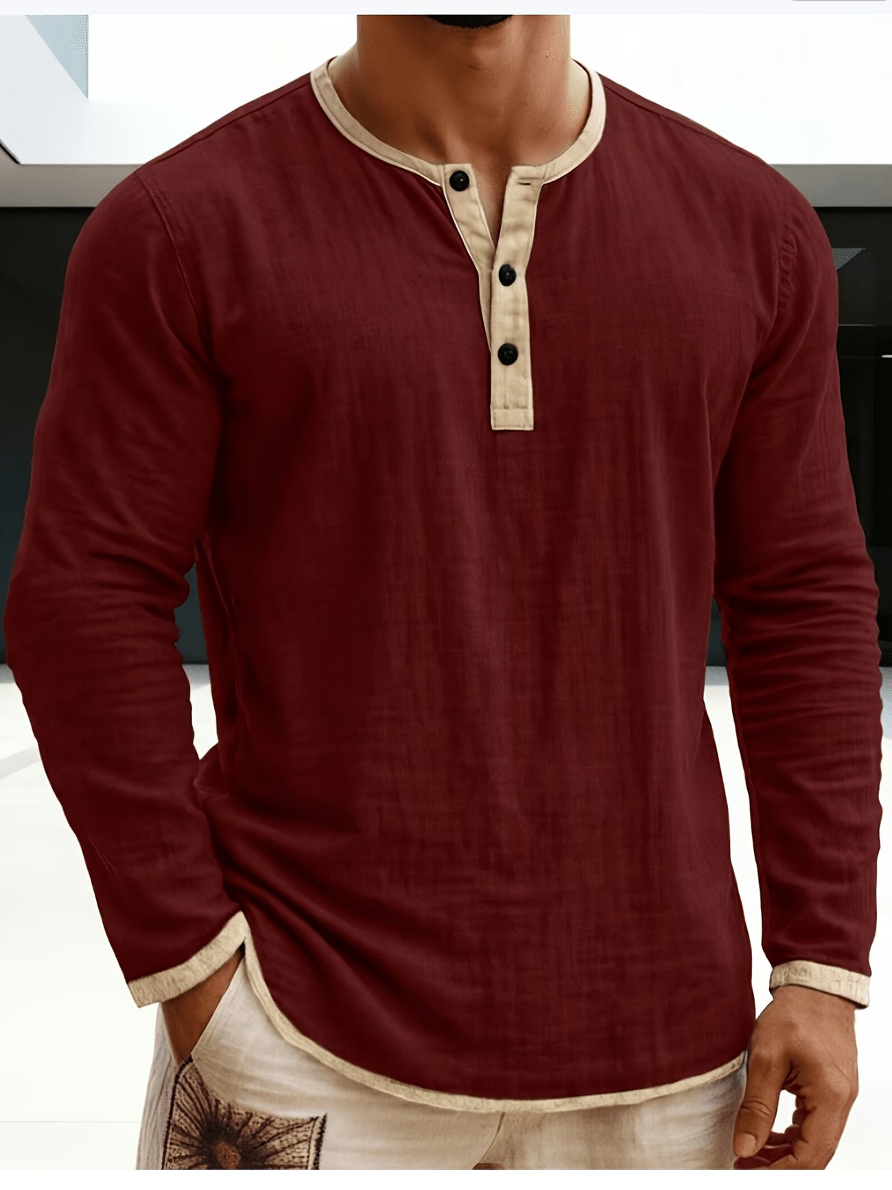 Effortless Linen Henley Shirt for Women with Contrast Trim Button Placket Long Sleeve Relaxed Style
