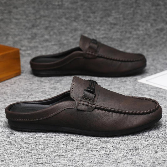 Stylish Leather Loafer Mule for Women with Moc Toe Woven Trim Buckle Strap Slip On Style