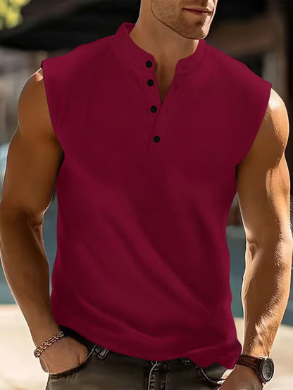 Effortless Ribbed Knit Henley Tank Top for Women with Stand Collar Sleeveless Button Placket Casual Style