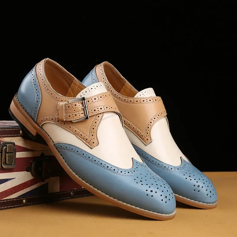 Elegant Colorblock Leather Monk Strap Shoe with Wingtip Brogue Pointed Toe Formal Style