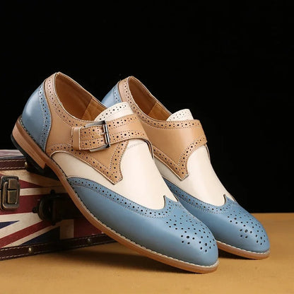 Elegant Colorblock Leather Monk Strap Shoe with Wingtip Brogue Pointed Toe Formal Style