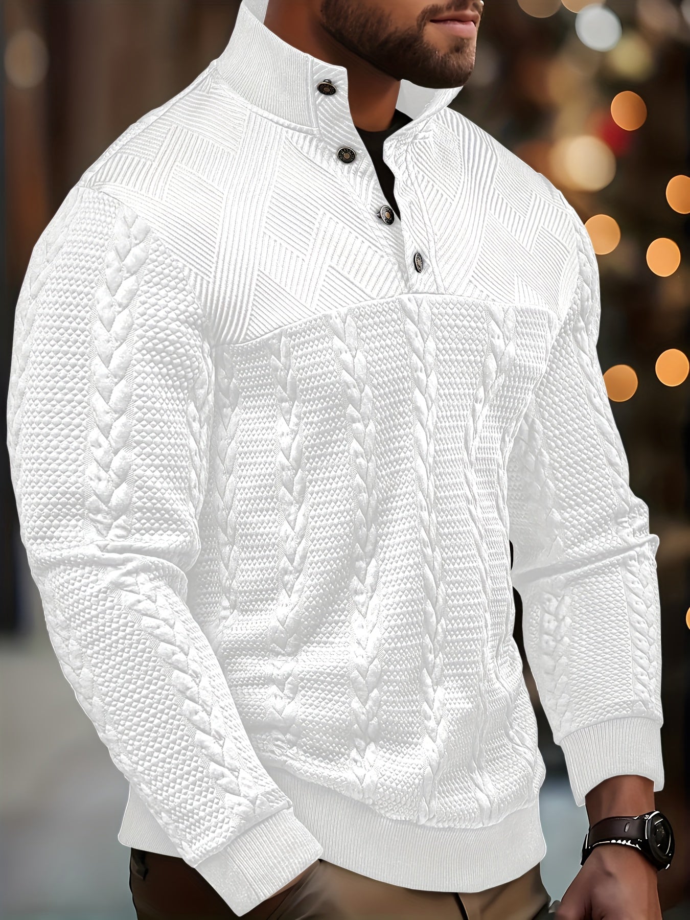 Comfortable Black Cable Knit Sweater for Women with Mock Neck Long Sleeve Button Placket Casual Style