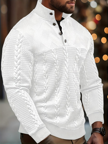 Comfortable Black Cable Knit Sweater for Women with Mock Neck Long Sleeve Button Placket Casual Style
