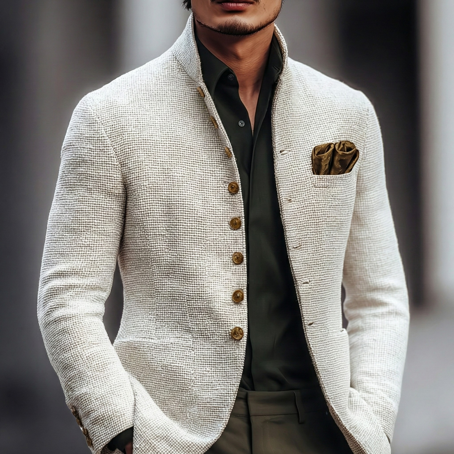 Elegant White Textured Blazer Jacket for Women with Stand Collar Long Sleeve Button Front Tailored Style