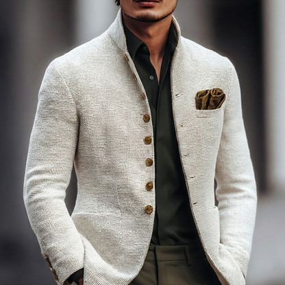Elegant White Textured Blazer Jacket for Women with Stand Collar Long Sleeve Button Front Tailored Style