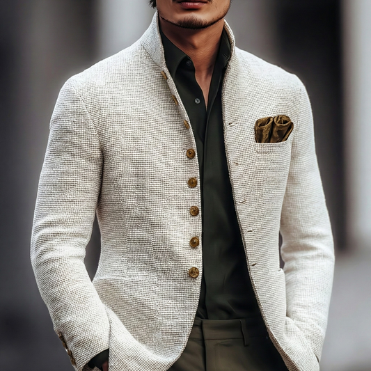 Elegant White Textured Blazer Jacket for Women with Stand Collar Long Sleeve Button Front Tailored Style