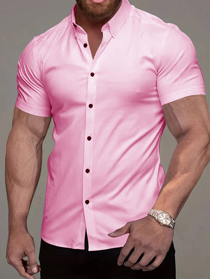 Effortless Stretch Button-Up Shirt for Women with Collar Short Sleeve Slim Fit Tailored Style