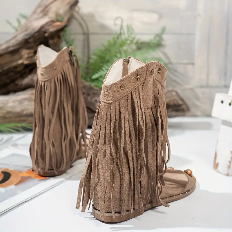 Comfortable Gladiator Sandals for Women with Long Fringe Trim Stud Detail Flat Ankle Strap Style