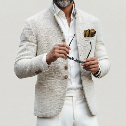 Elegant White Textured Blazer Jacket for Women with Stand Collar Long Sleeve Button Front Tailored Style