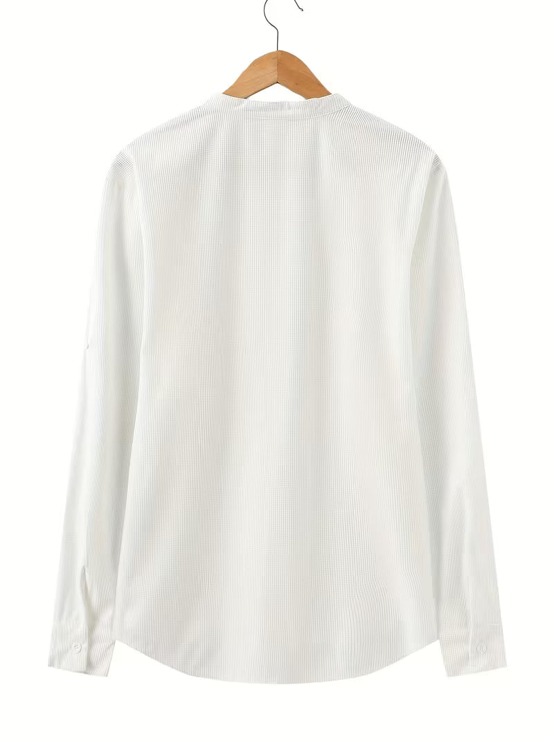 Effortless White Waffle Knit Shirt for Women with Band Collar Long Sleeve Button Placket Relaxed Style