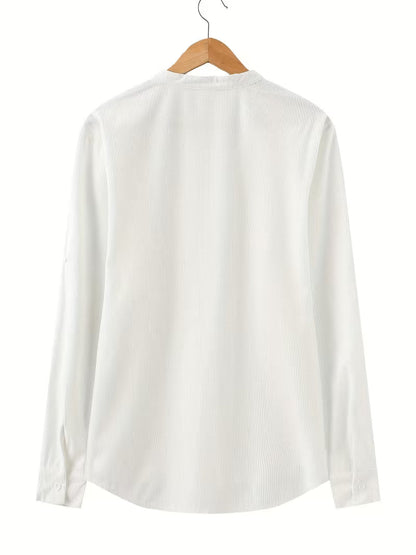 Effortless White Waffle Knit Shirt for Women with Band Collar Long Sleeve Button Placket Relaxed Style
