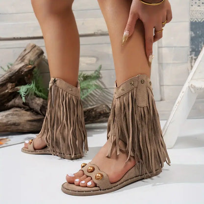 Comfortable Gladiator Sandals for Women with Long Fringe Trim Stud Detail Flat Ankle Strap Style