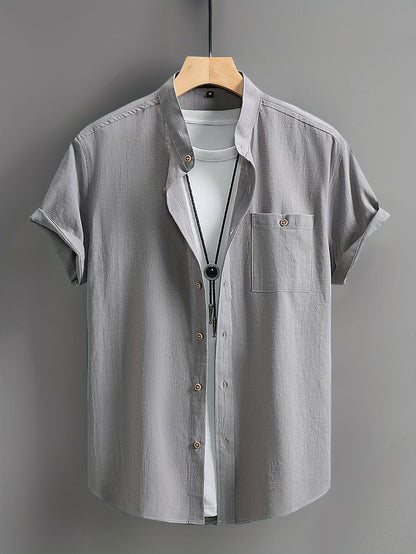 Effortless Linen Shirt for Women with Stand Collar Short Sleeve Button Front Relaxed Casual Style