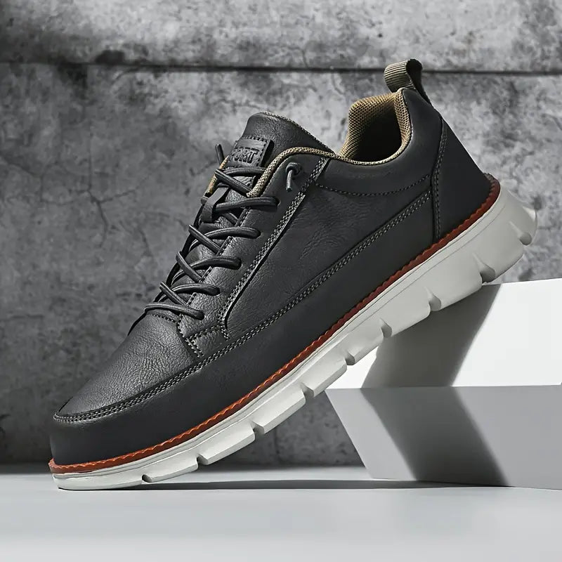 Comfortable Leather Sneaker for Women with Lace Up Low Top Chunky Sole Casual Style