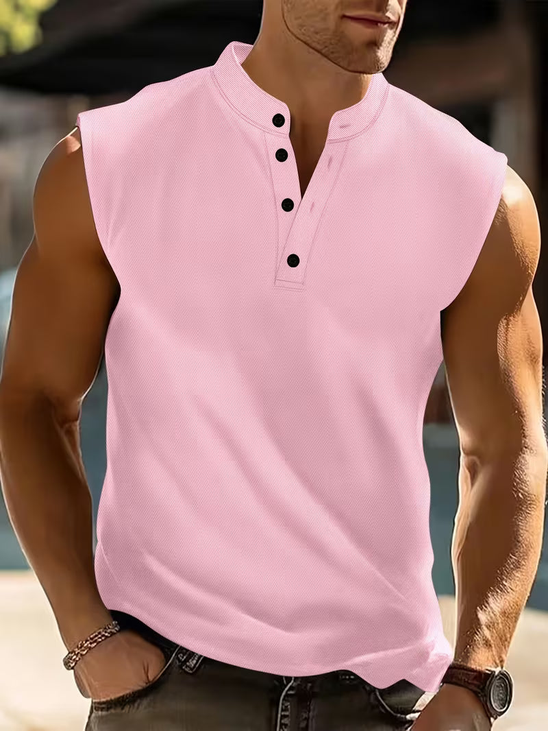 Effortless Ribbed Knit Henley Tank Top for Women with Stand Collar Sleeveless Button Placket Casual Style