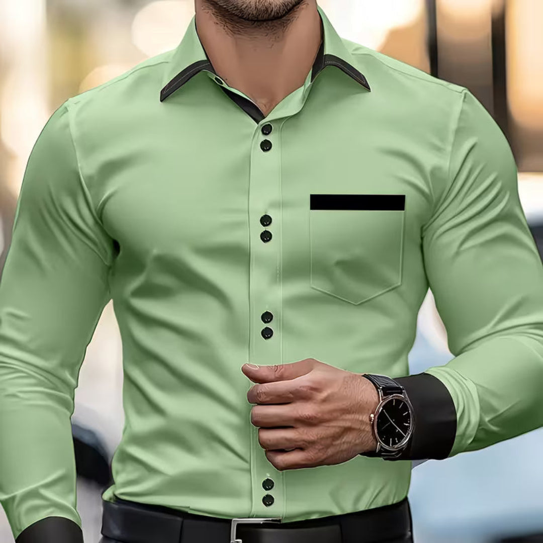 Elegant Contrast Trim Button Up Shirt for Women with Point Collar Long Sleeve Chest Pocket Relaxed Style
