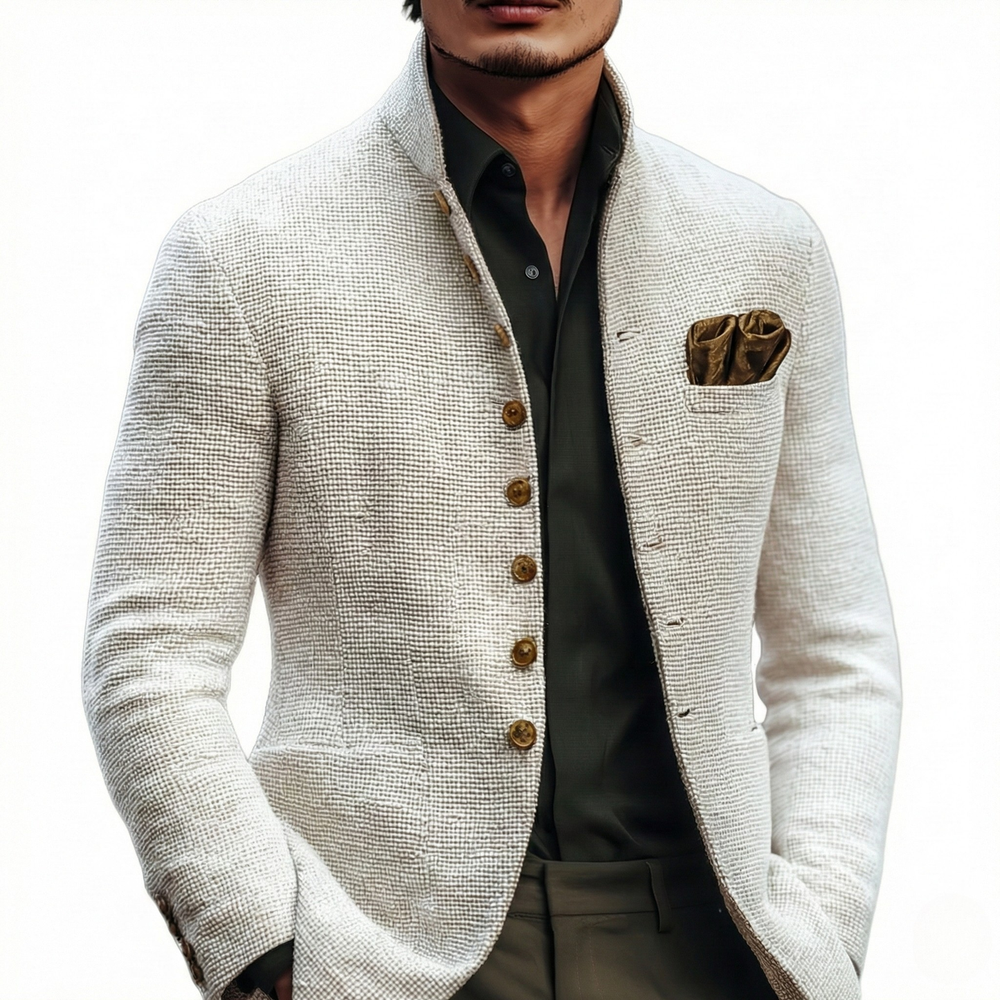 Elegant White Textured Blazer Jacket for Women with Stand Collar Long Sleeve Button Front Tailored Style