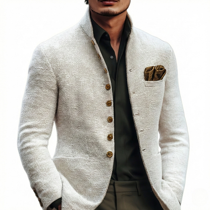 Elegant White Textured Blazer Jacket for Women with Stand Collar Long Sleeve Button Front Tailored Style