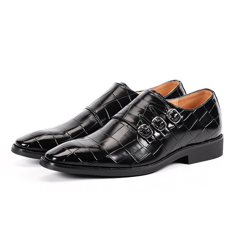 Elegant Croc Embossed Monk Strap Dress Shoes for Women with Triple Buckle Pointed Toe Textured Leather Formal Style