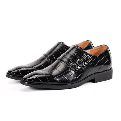 Elegant Croc Embossed Monk Strap Dress Shoes for Women with Triple Buckle Pointed Toe Textured Leather Formal Style