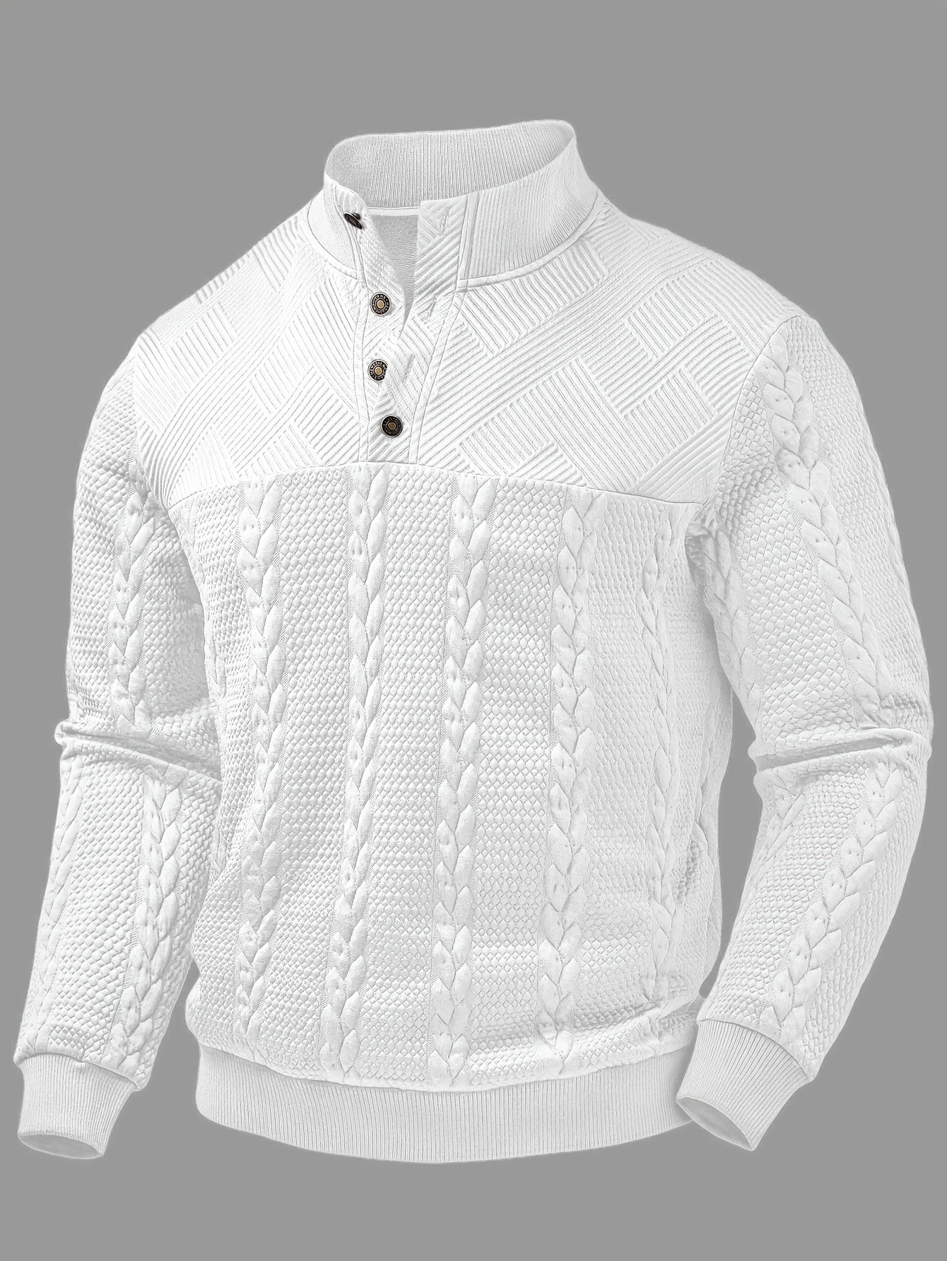 Comfortable Black Cable Knit Sweater for Women with Mock Neck Long Sleeve Button Placket Casual Style