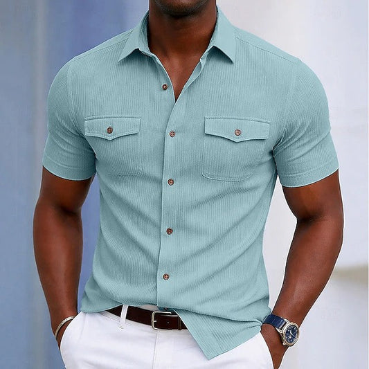Effortless Ribbed Button Up Shirt for Women with Collared Short Sleeve Chest Pocket Relaxed Casual Style
