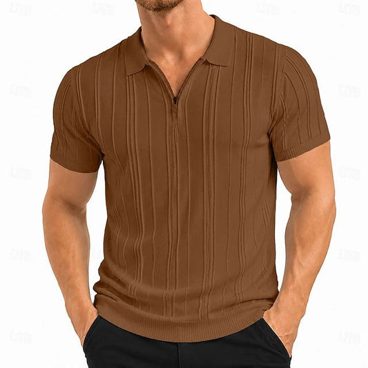 Comfortable Ribbed Knit Polo Shirt for Women with Zip Neck Short Sleeve Textured Fitted Casual Style