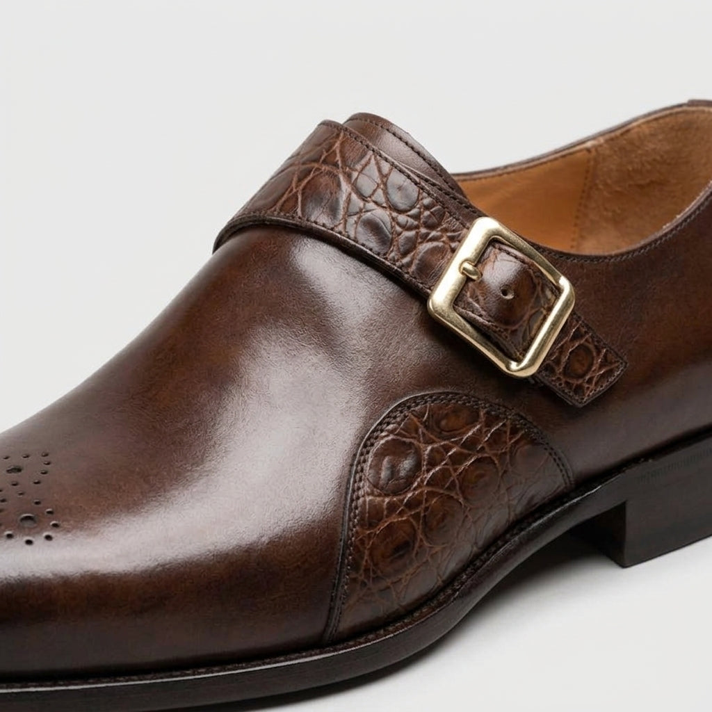 Elegant Brown Leather Monk Strap Shoe for Women with Croc Embossed Cap Toe Buckle Detail Formal Party Style