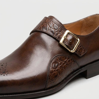 Elegant Brown Leather Monk Strap Shoe for Women with Croc Embossed Cap Toe Buckle Detail Formal Party Style