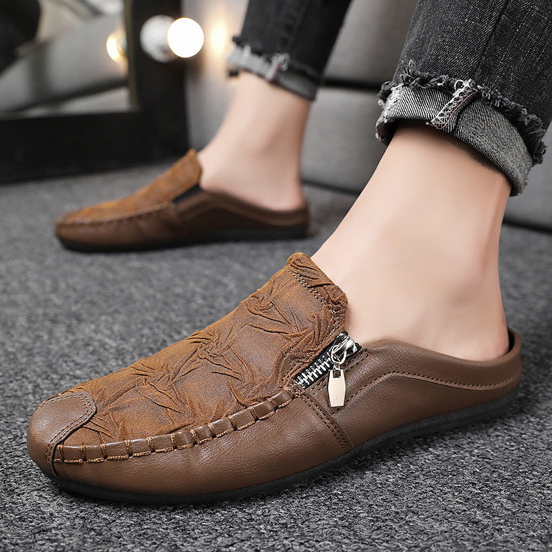Effortless Leather Mule Loafer for Women with Backless Zipper Accent Hand Stitched Casual Style