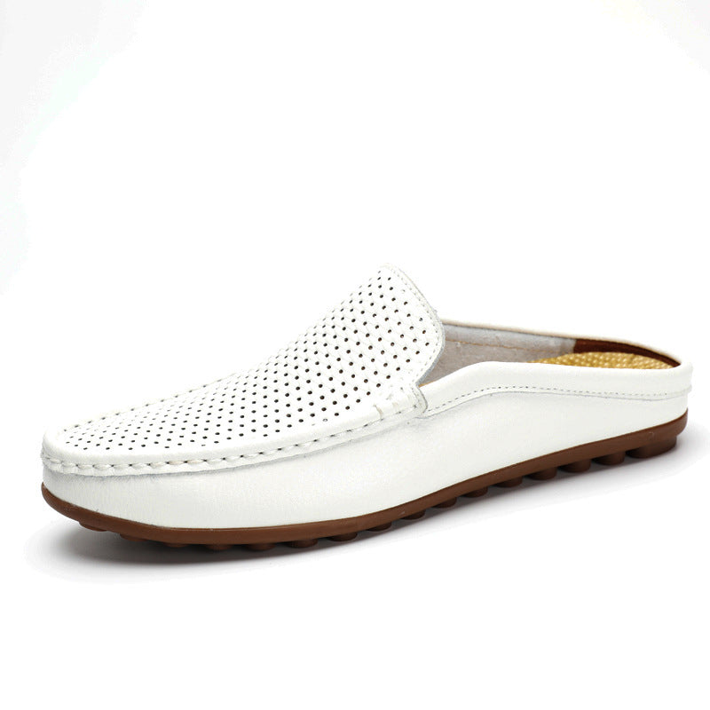 Comfortable Perforated Leather Mule Loafer for Women with Backless Slip On Stitched Apron Casual Style