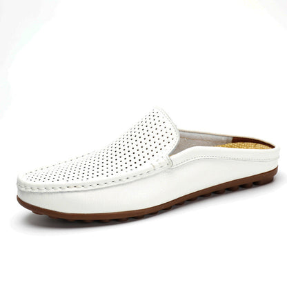 Comfortable Perforated Leather Mule Loafer for Women with Backless Slip On Stitched Apron Casual Style