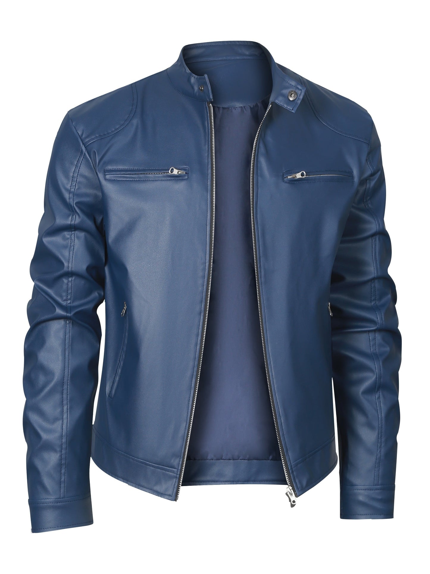 Elegant Navy Blue Faux Leather Jacket for Women with Stand Collar Long Sleeve Zip Front Moto Style