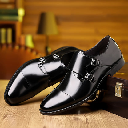 Elegant Leather Monk Strap Shoe for Women with Double Buckle Cap Toe Loafer Style