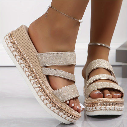 Comfortable Gold Platform Sandals for Women with Double Strap Espadrille Braided Slide Style