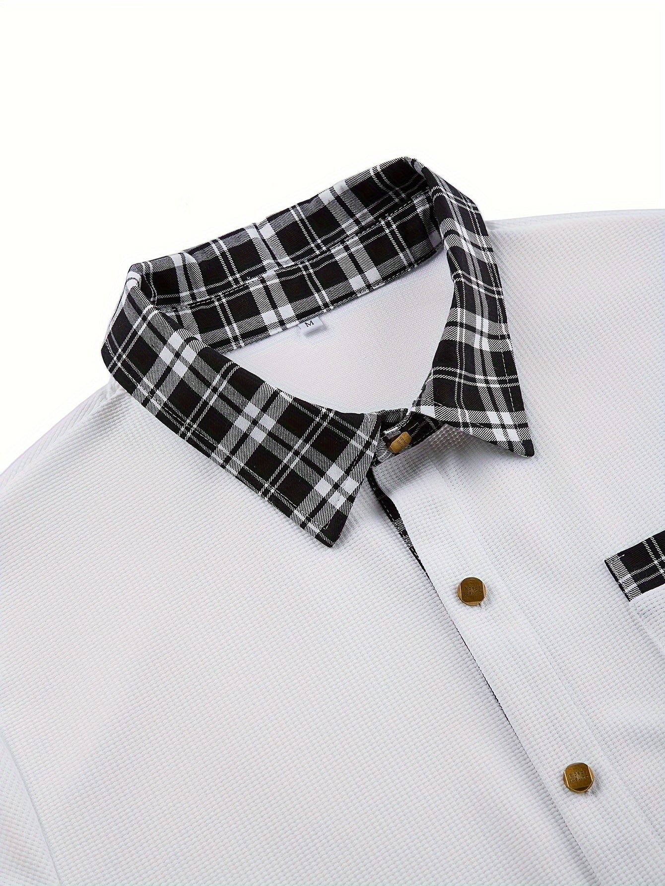 Effortless White Plaid Trim Button Down Shirt for Women with Collar Long Sleeve Chest Pocket Casual Style