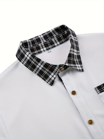 Effortless White Plaid Trim Button Down Shirt for Women with Collar Long Sleeve Chest Pocket Casual Style