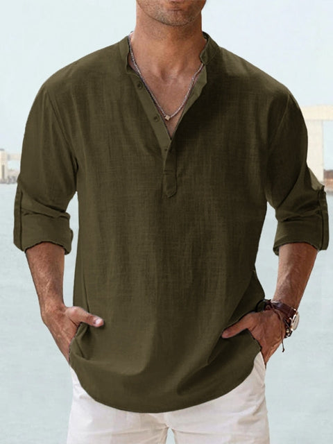 Effortless Linen Shirt for Women with Band Collar Long Sleeve Button Placket Relaxed Style