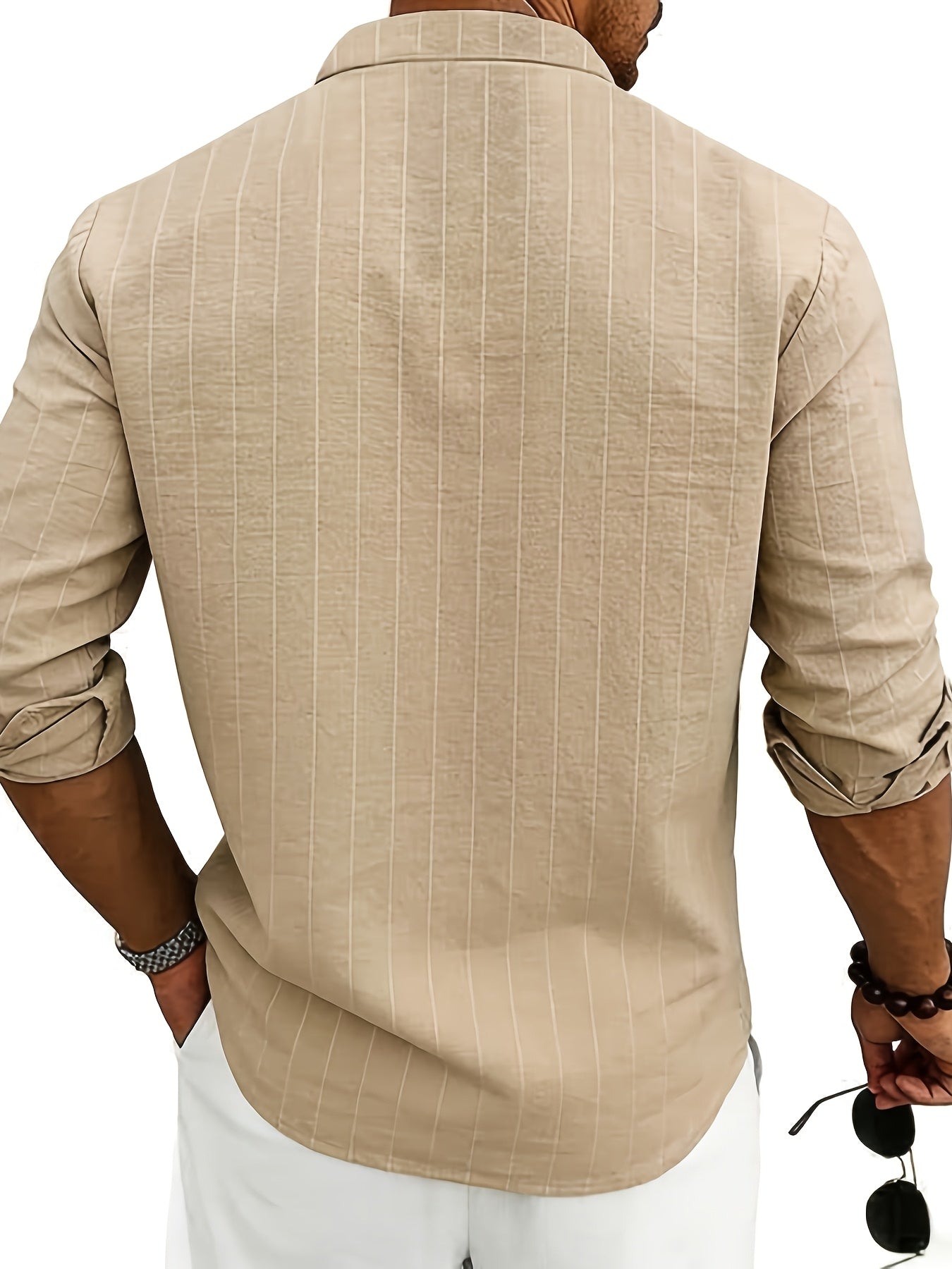 Effortless White Pinstripe Linen Shirt for Women with Band Collar Long Sleeve Button Front Relaxed Style