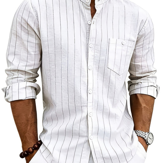 Effortless White Pinstripe Linen Shirt for Women with Band Collar Long Sleeve Button Front Relaxed Style